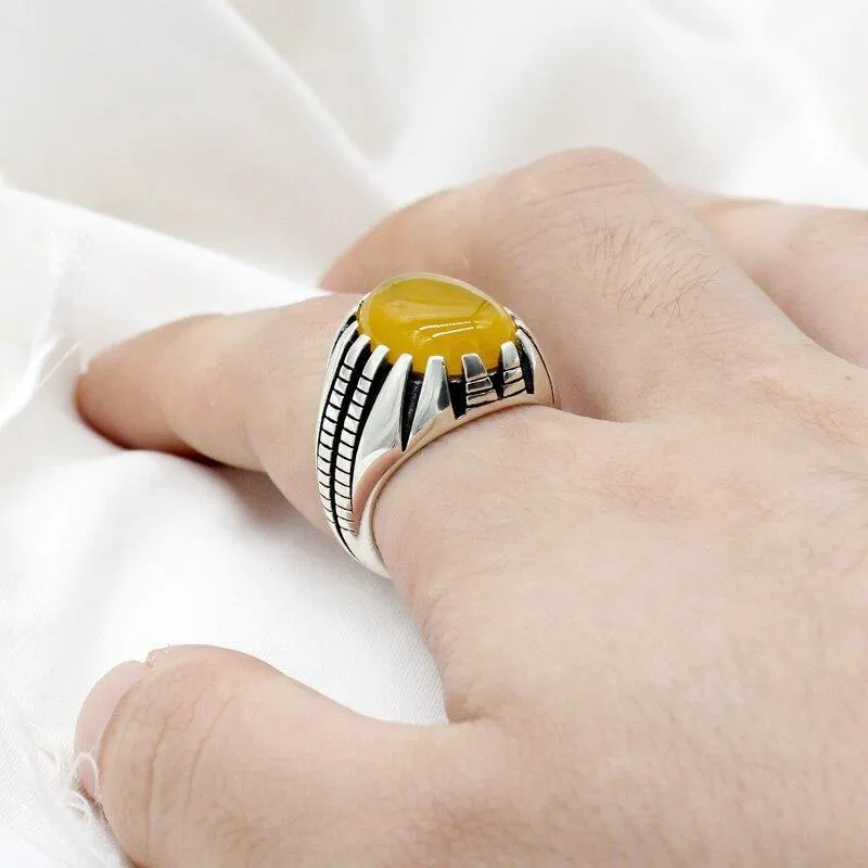 Silver Paw Design Natural Gemstone Yellow Agate Stone Ring