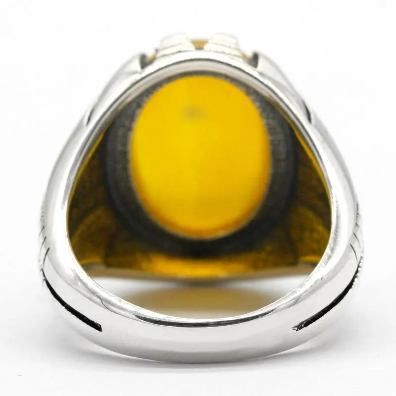 Silver Paw Design Natural Gemstone Yellow Agate Stone Ring
