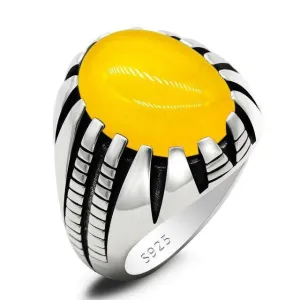 Silver Paw Design Natural Gemstone Yellow Agate Stone Ring