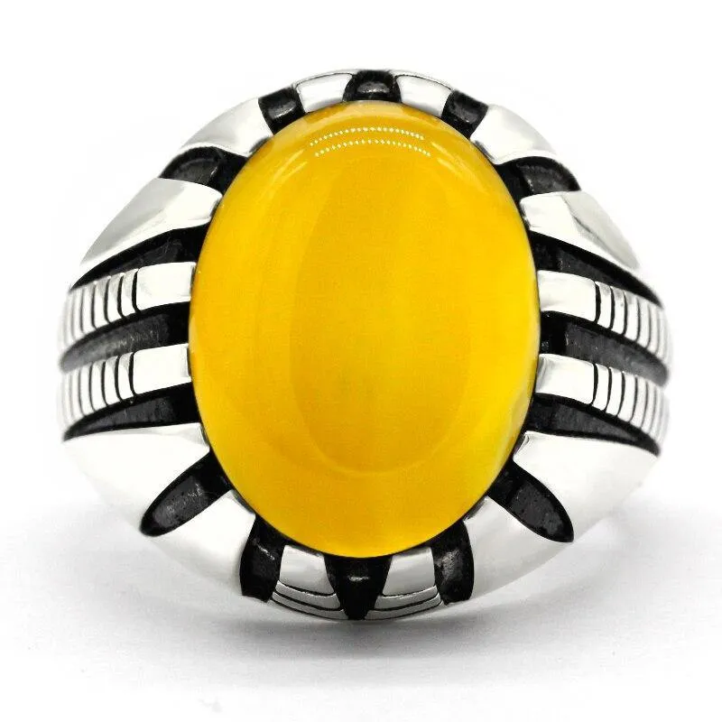 Silver Paw Design Natural Gemstone Yellow Agate Stone Ring