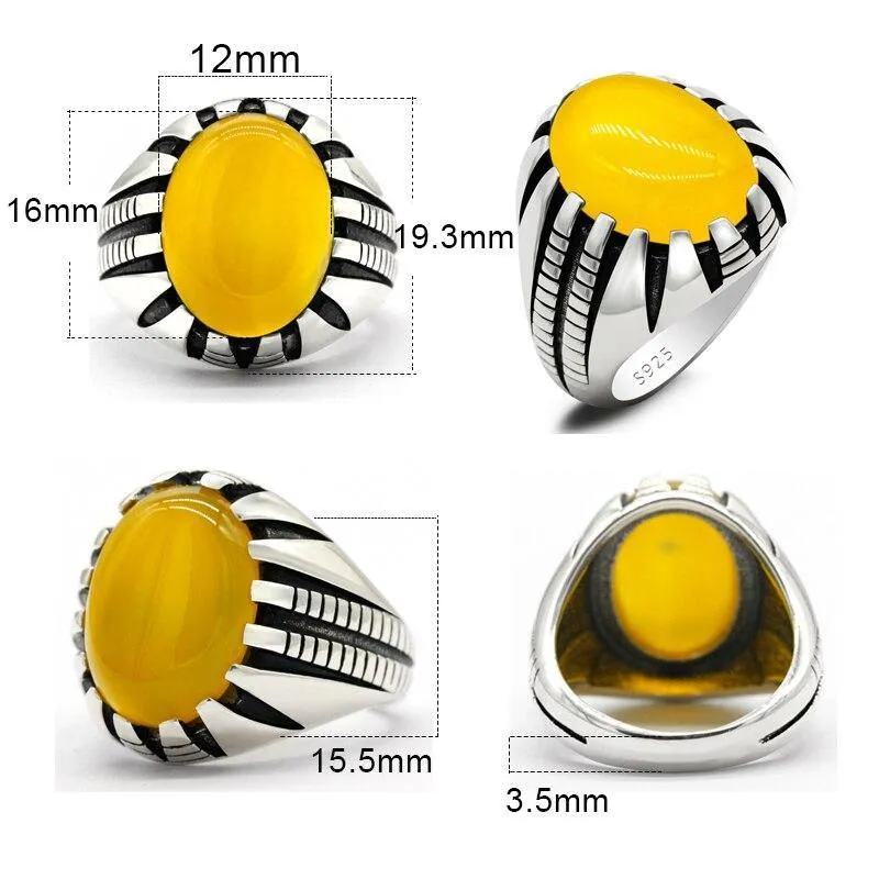 Silver Paw Design Natural Gemstone Yellow Agate Stone Ring