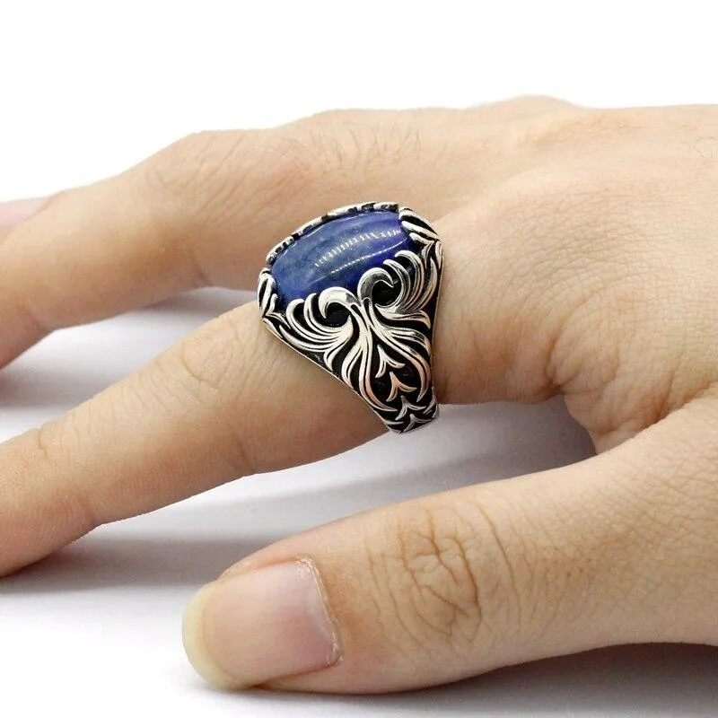 Silver Vintage Carved Lapis Lazuli Men's Ring