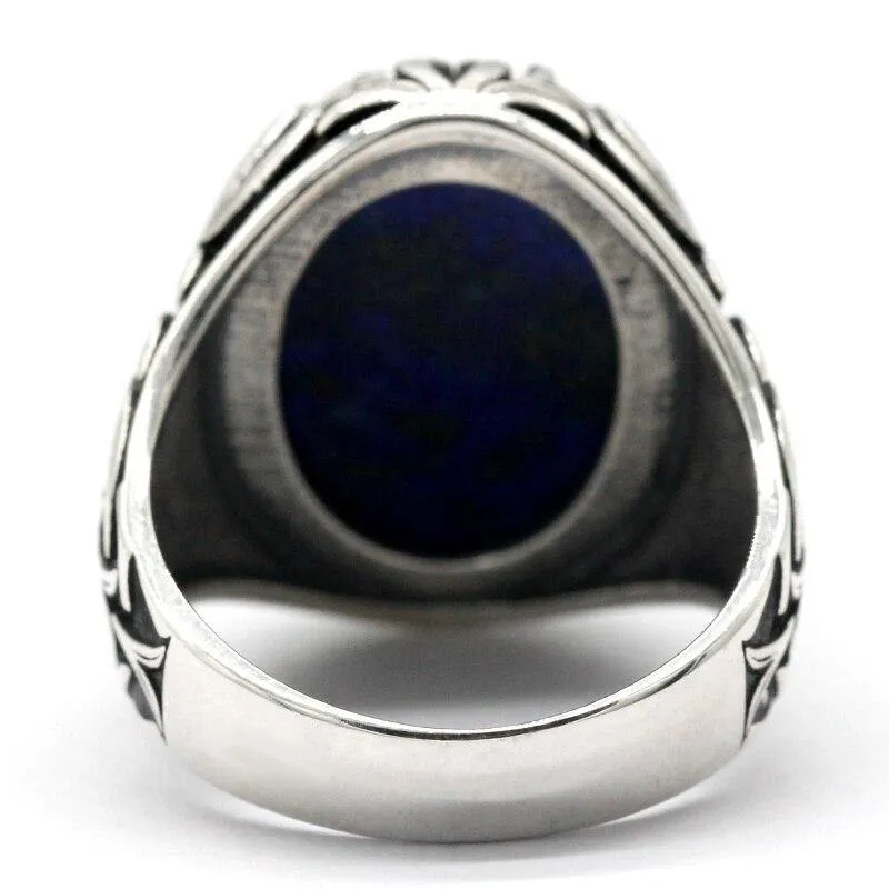 Silver Vintage Carved Lapis Lazuli Men's Ring