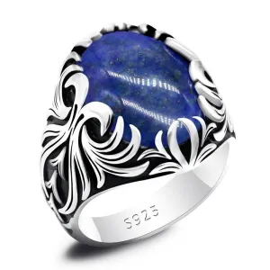 Silver Vintage Carved Lapis Lazuli Men's Ring