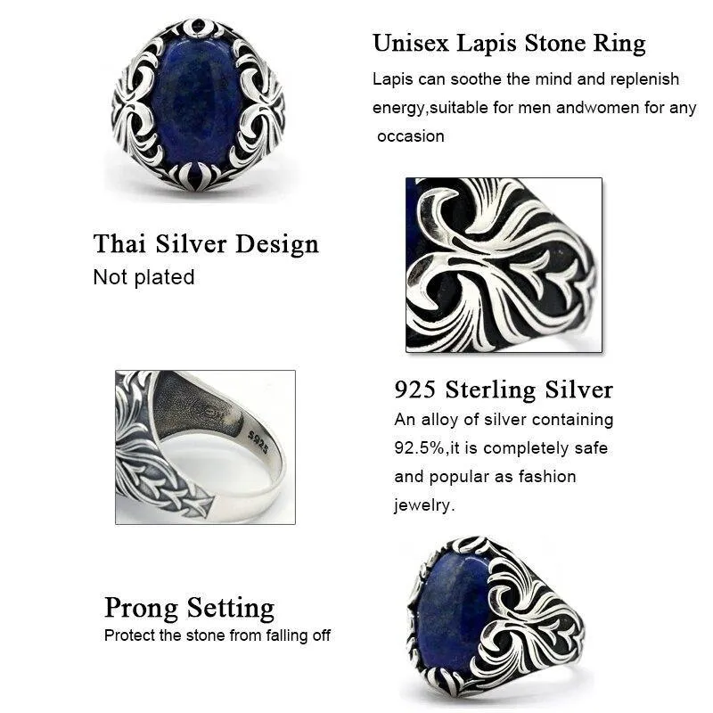 Silver Vintage Carved Lapis Lazuli Men's Ring