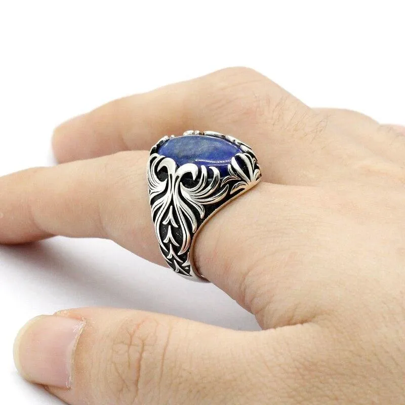 Silver Vintage Carved Lapis Lazuli Men's Ring