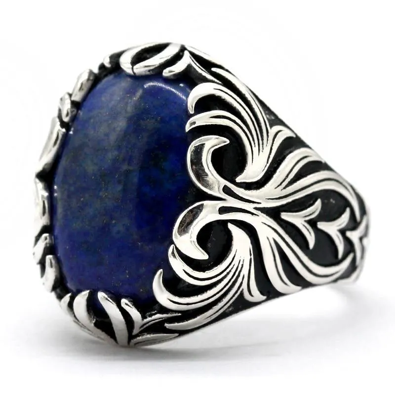 Silver Vintage Carved Lapis Lazuli Men's Ring