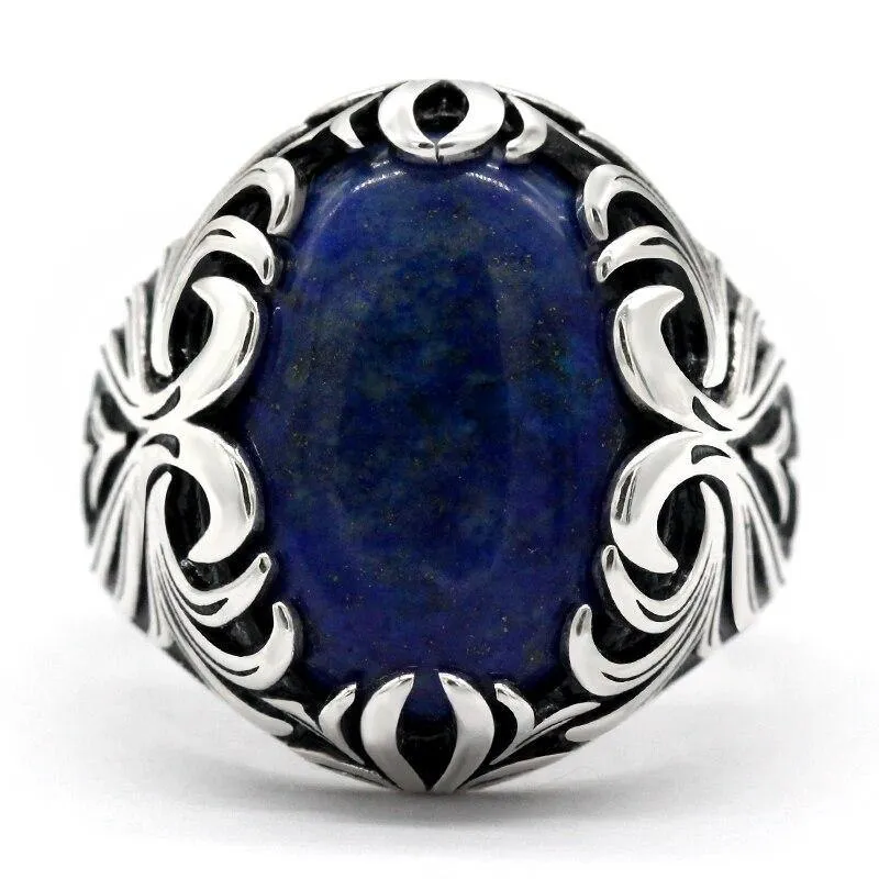 Silver Vintage Carved Lapis Lazuli Men's Ring