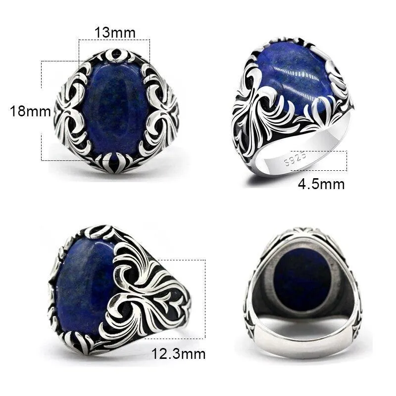 Silver Vintage Carved Lapis Lazuli Men's Ring