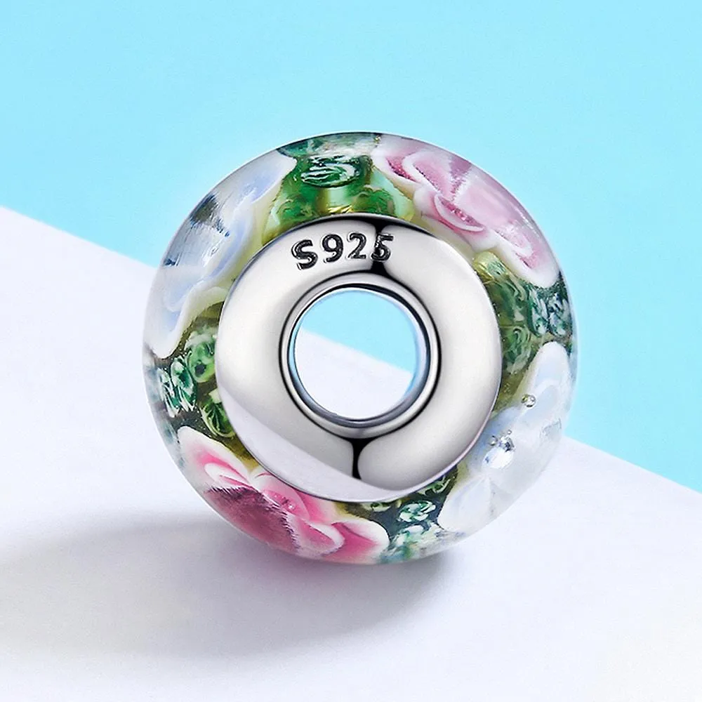 Solid 925 Sterling Silver Pink and Light Blue Blossom Inclusion Green Murano Glass Charm
