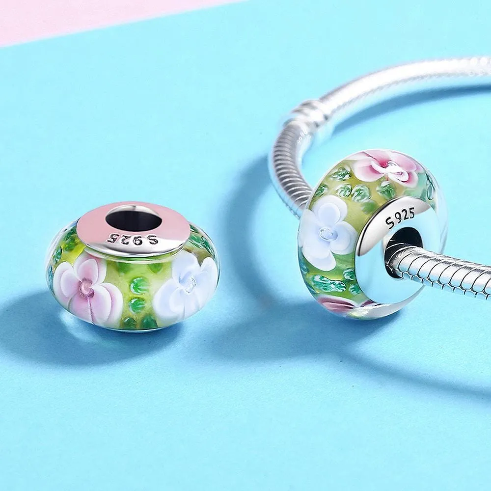 Solid 925 Sterling Silver Pink and Light Blue Blossom Inclusion Green Murano Glass Charm