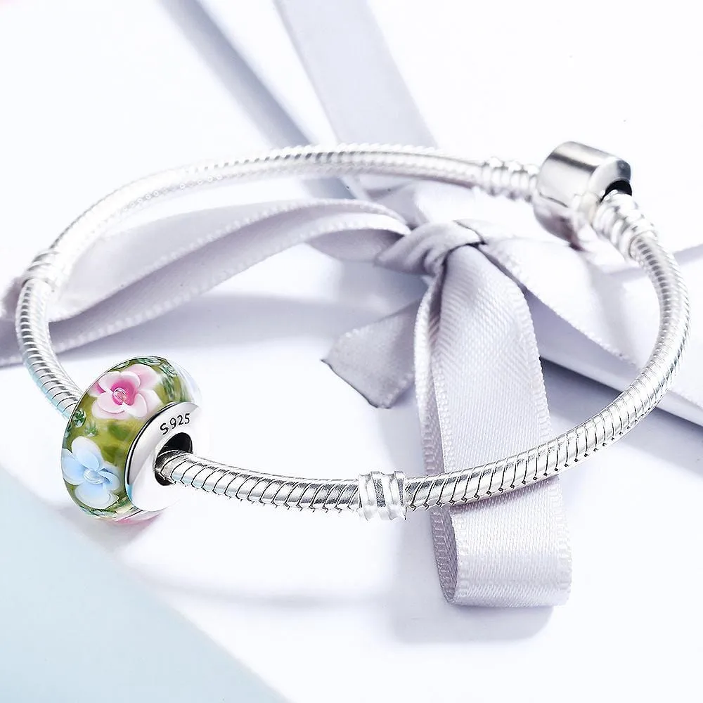 Solid 925 Sterling Silver Pink and Light Blue Blossom Inclusion Green Murano Glass Charm