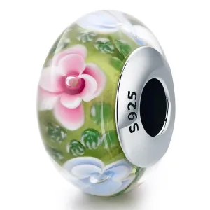 Solid 925 Sterling Silver Pink and Light Blue Blossom Inclusion Green Murano Glass Charm