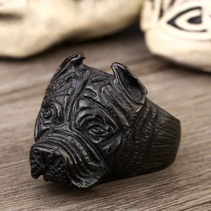 Steel soldier Exaggerated Ring Pit Bull Bulldog Dog Rings Men Personality Titanium Steel Animal Jewelry
