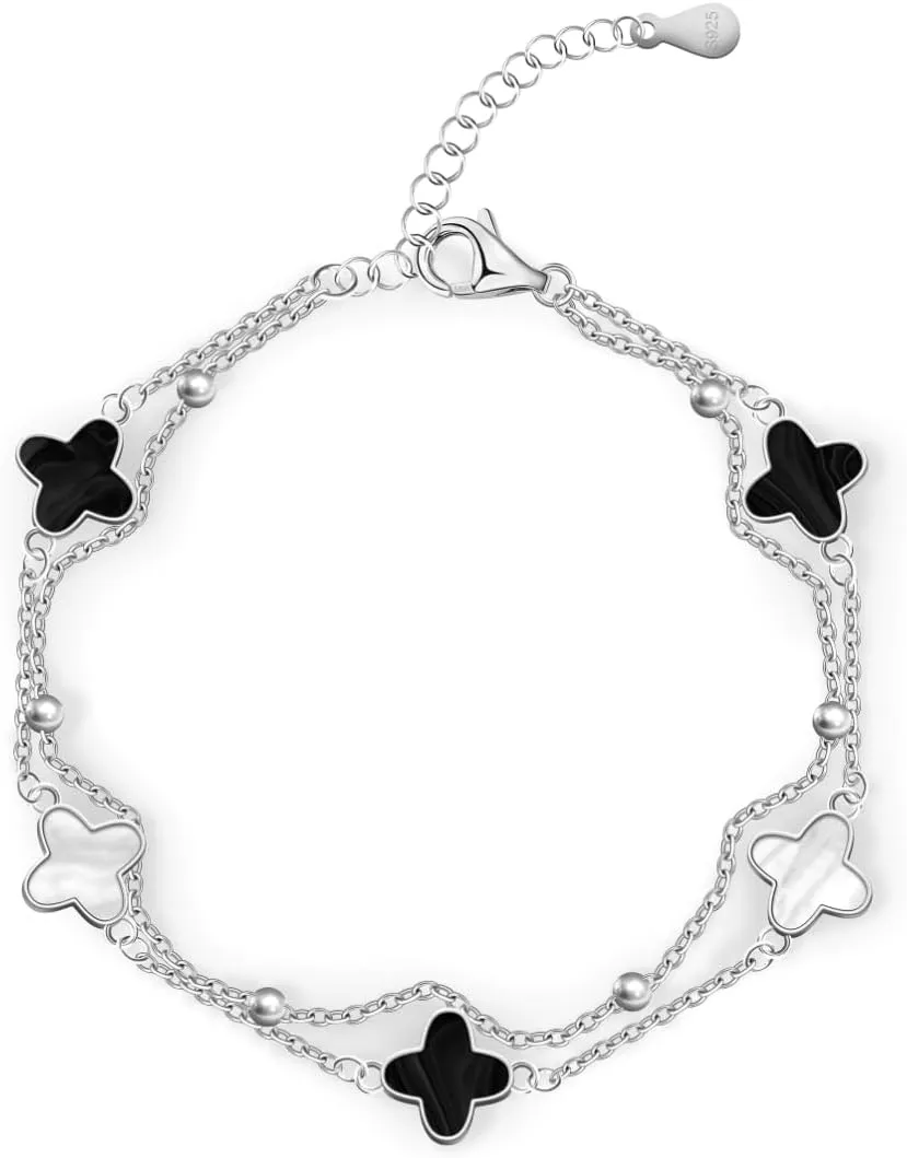 Sterling Silver 4-leaf clover Charm Bracelet with Adjustable Agate Links, Gift for Women, Girls, Rose Gold Peacock Green