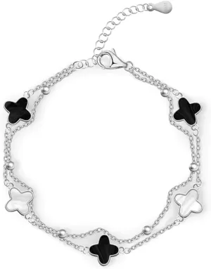 Sterling Silver 4-leaf clover Charm Bracelet with Adjustable Agate Links, Gift for Women, Girls, Rose Gold Peacock Green