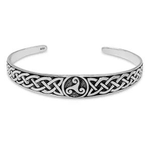Sterling Silver Celtic Triskelion Knotwork Cuff Bangle - Open Adjustable Design
