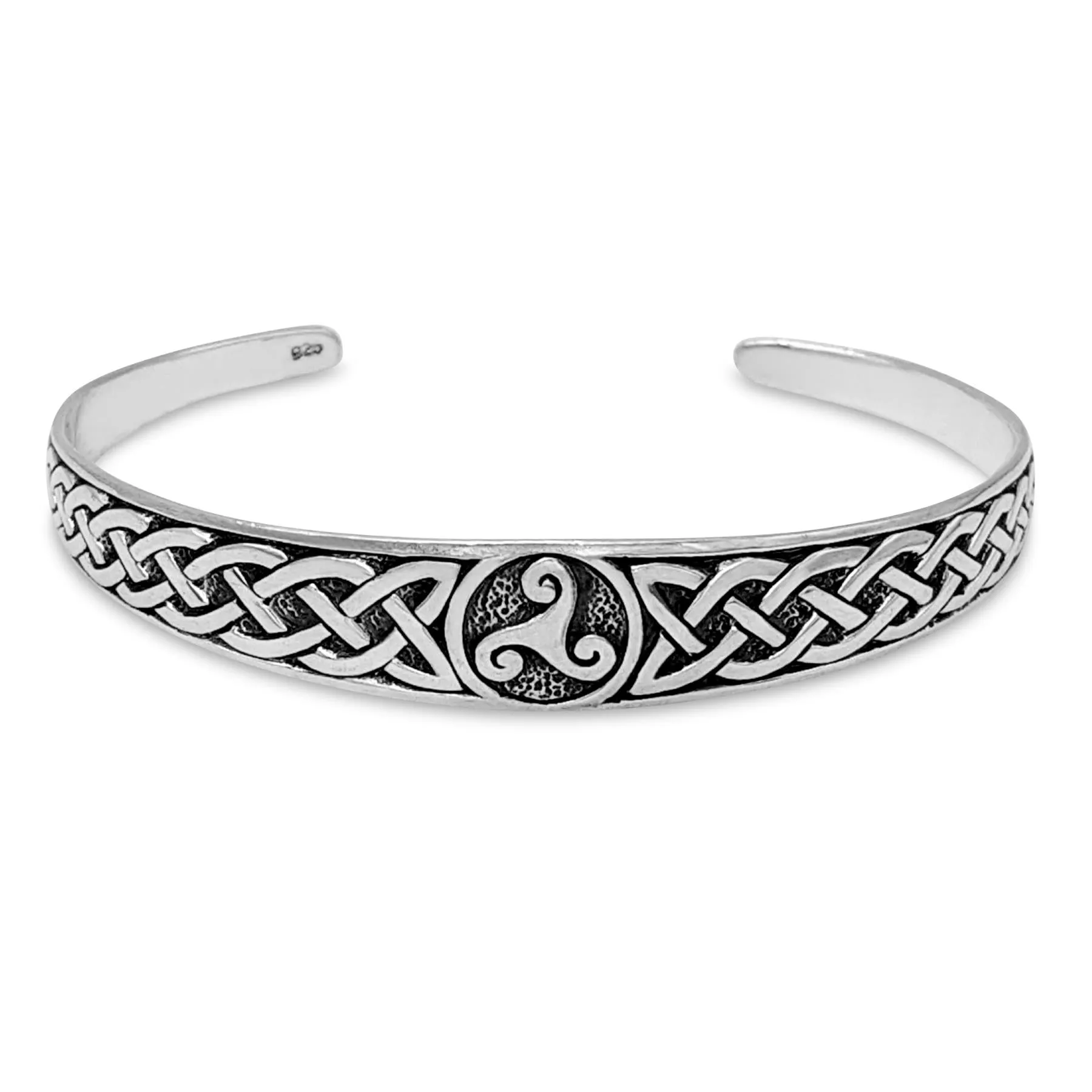 Sterling Silver Celtic Triskelion Knotwork Cuff Bangle - Open Adjustable Design