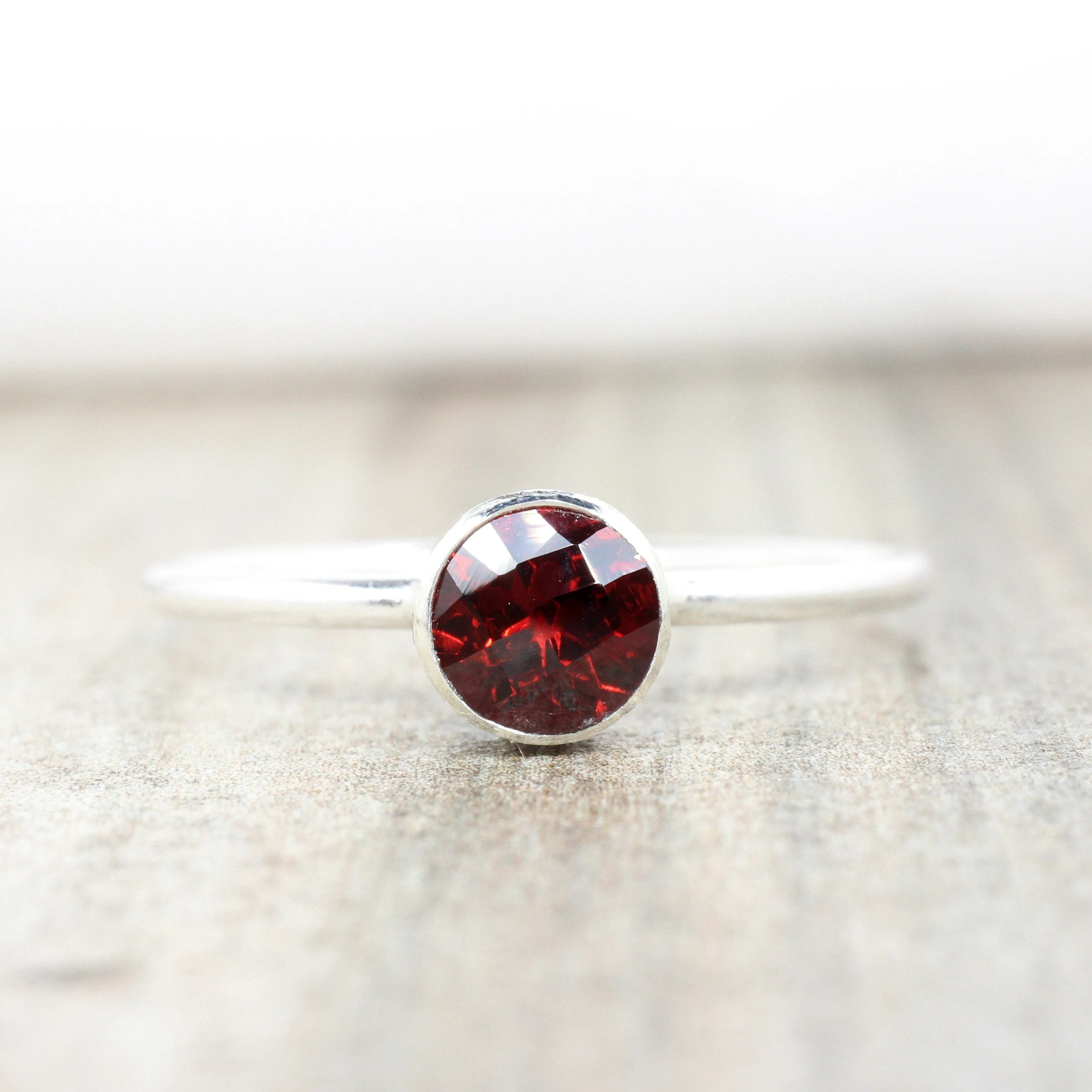 Sterling Silver Garnet Stacking Ring // 5mm Faceted Gemstone January Birthstone Stackable Ring