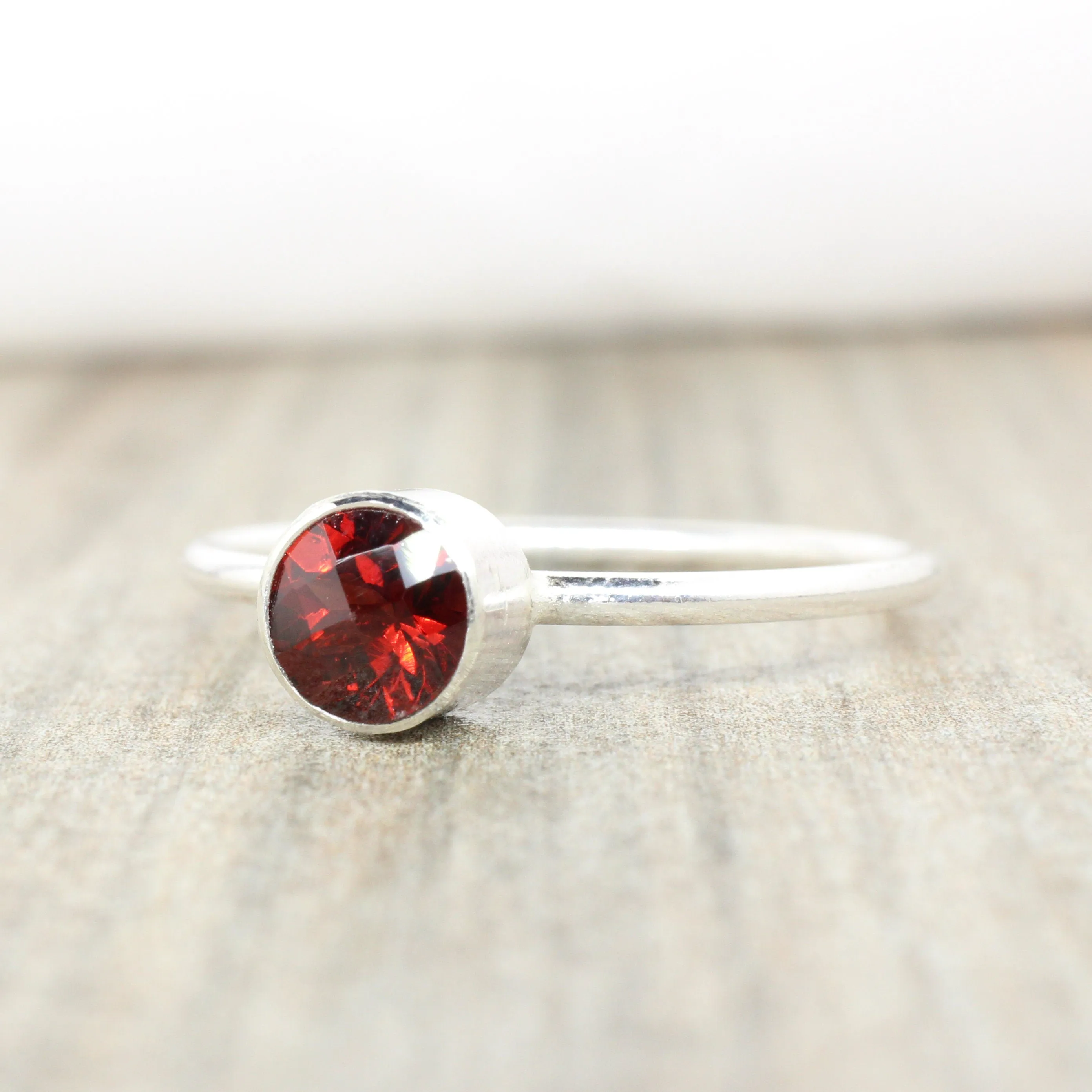 Sterling Silver Garnet Stacking Ring // 5mm Faceted Gemstone January Birthstone Stackable Ring