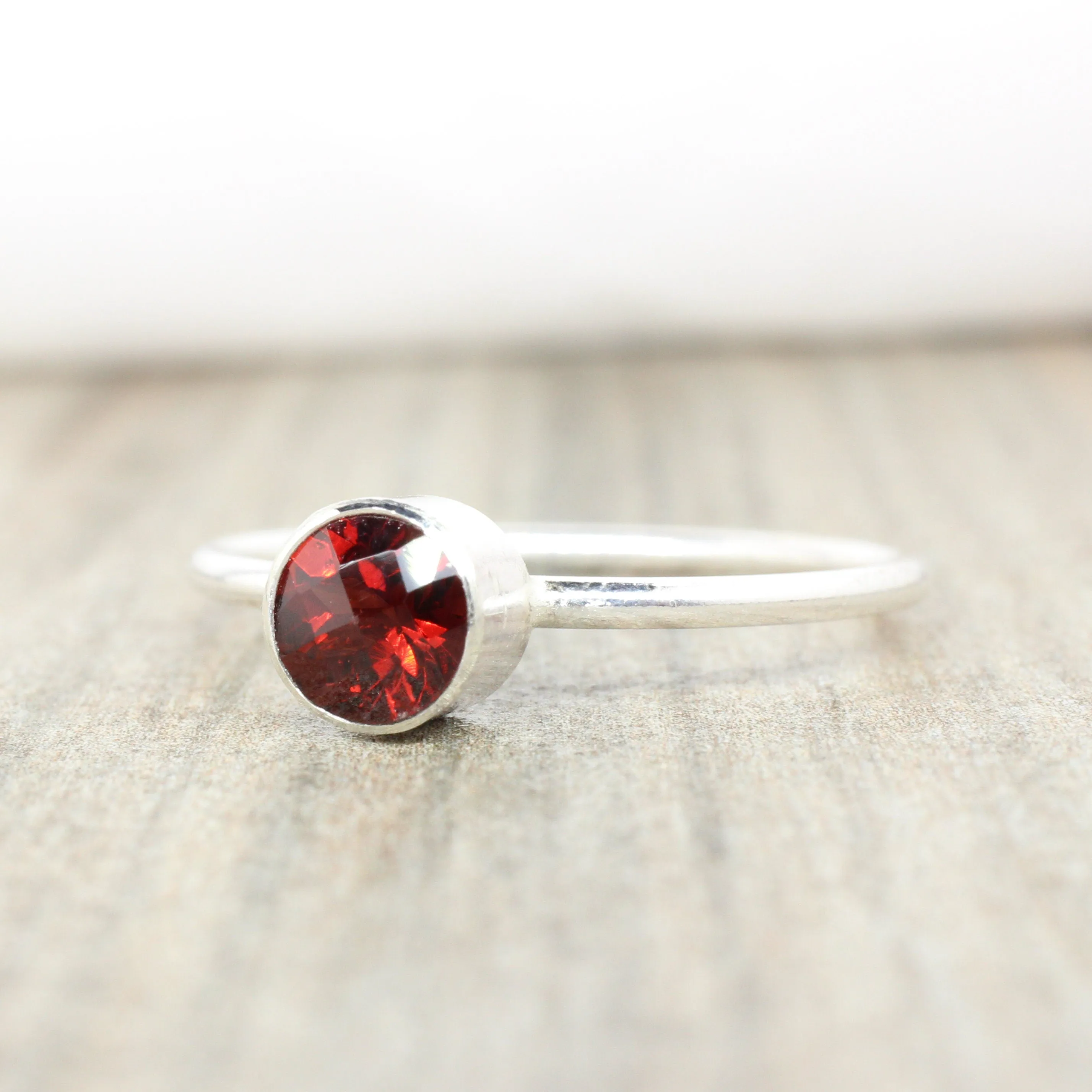 Sterling Silver Garnet Stacking Ring // 5mm Faceted Gemstone January Birthstone Stackable Ring