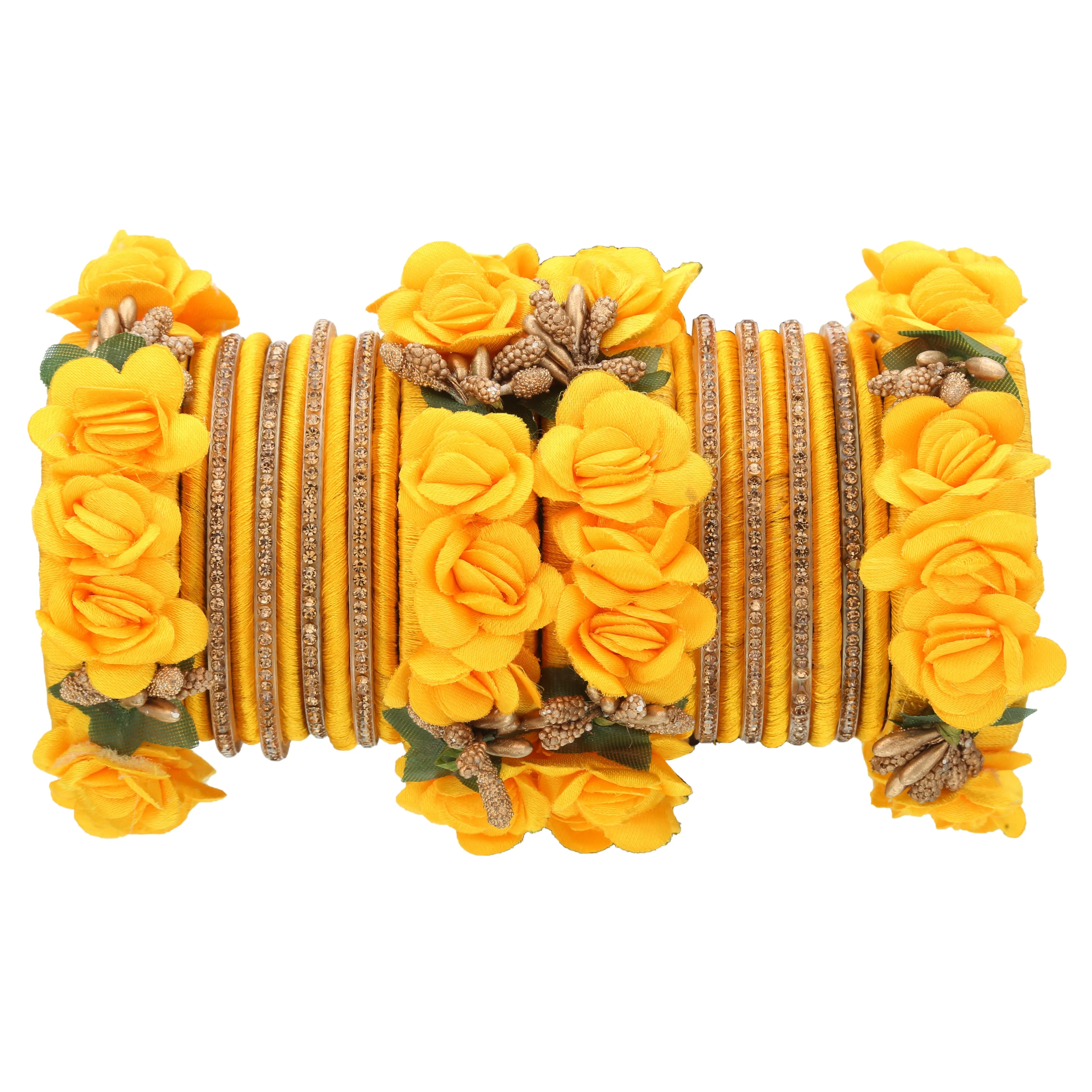 Sukriti Beautiful Handcrafted MangoYellow Flower Designer Silk thread Bridal Chuda Wedding Bangles for Women – Set of 22