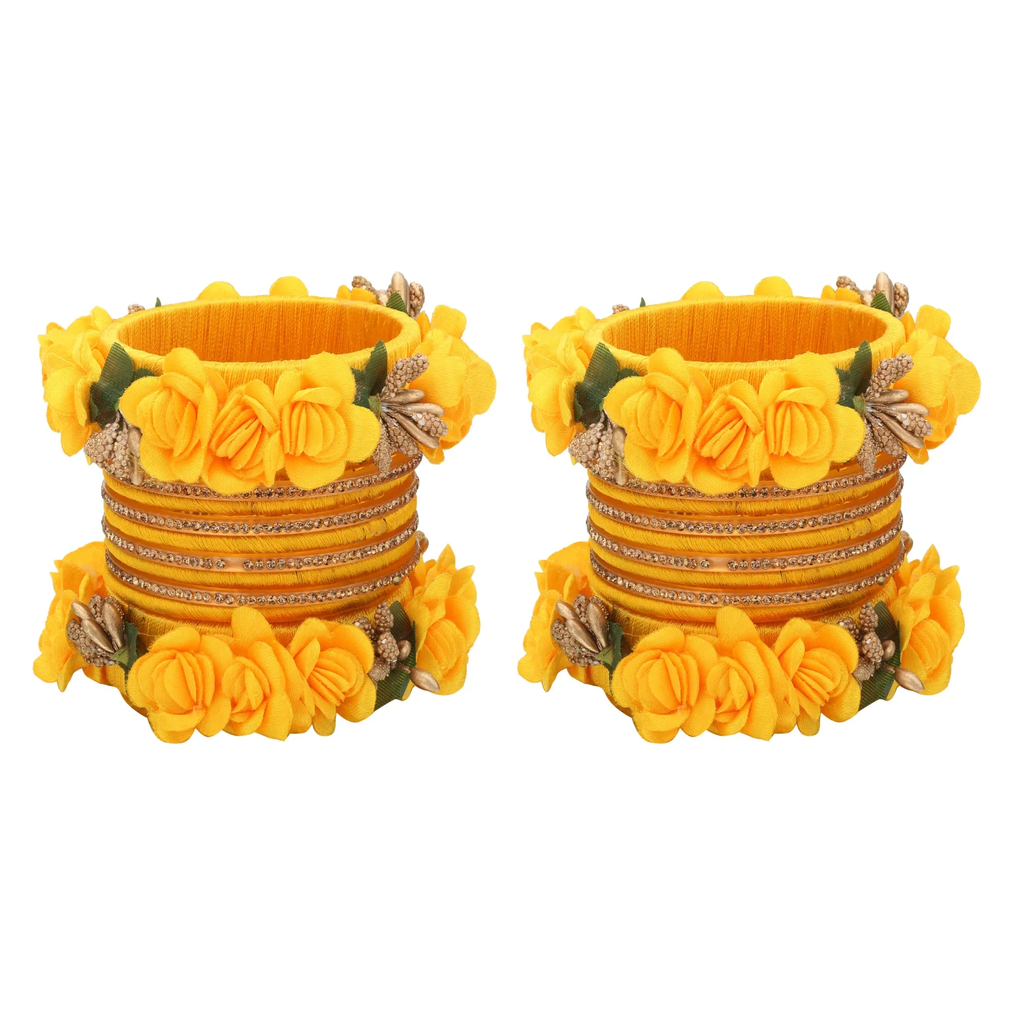 Sukriti Beautiful Handcrafted MangoYellow Flower Designer Silk thread Bridal Chuda Wedding Bangles for Women – Set of 22