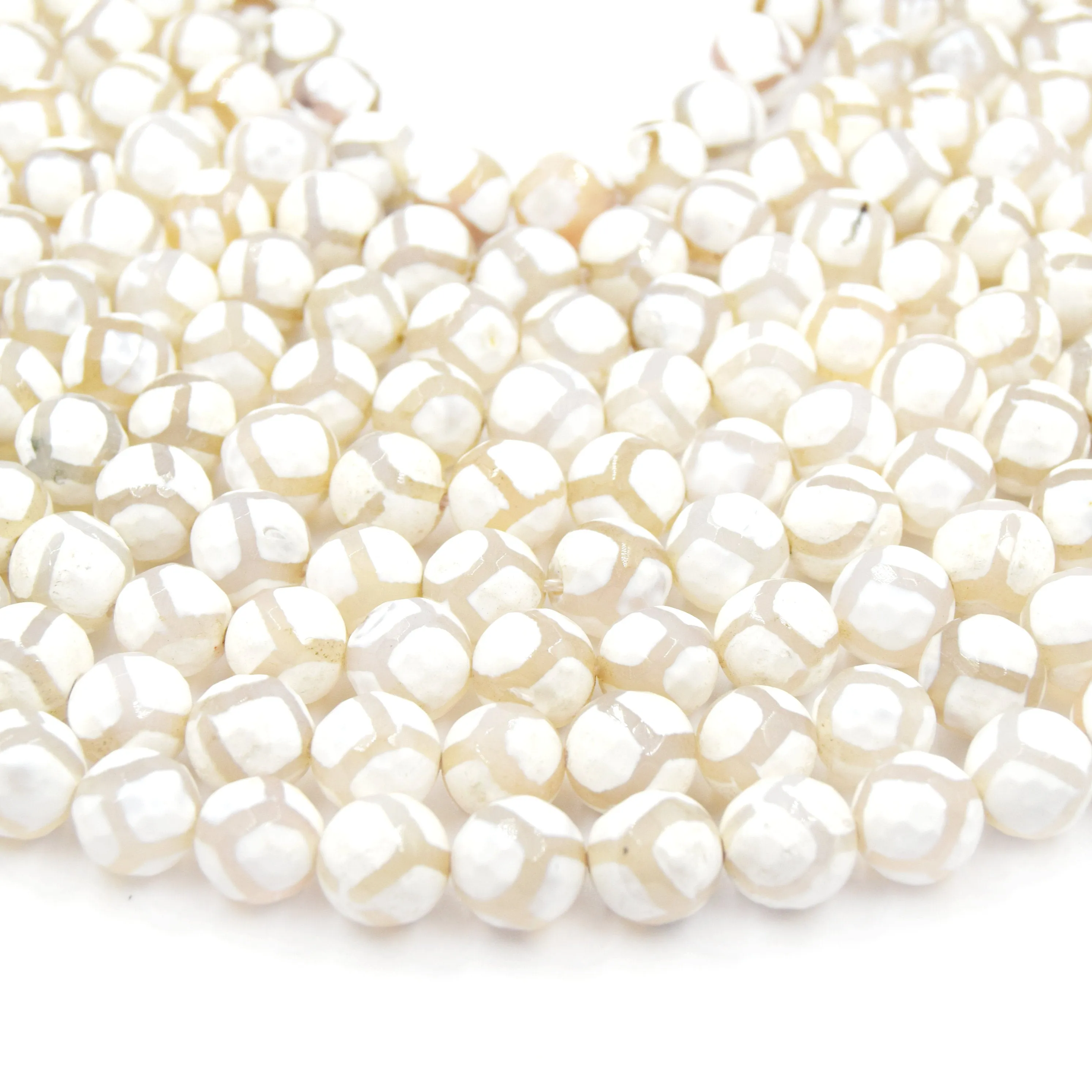 Tibetan Agate Dzi Beads - Dyed White Faceted Honeycomb Round Gemstone Beads in 6mm, 8mm, 10mm, and 12mm Sizes.