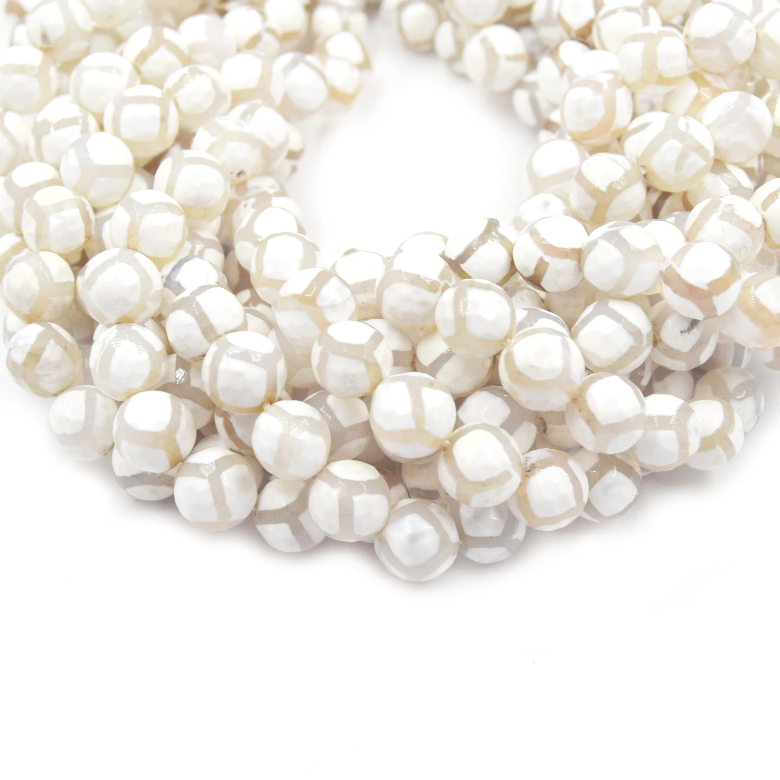Tibetan Agate Dzi Beads - Dyed White Faceted Honeycomb Round Gemstone Beads in 6mm, 8mm, 10mm, and 12mm Sizes.