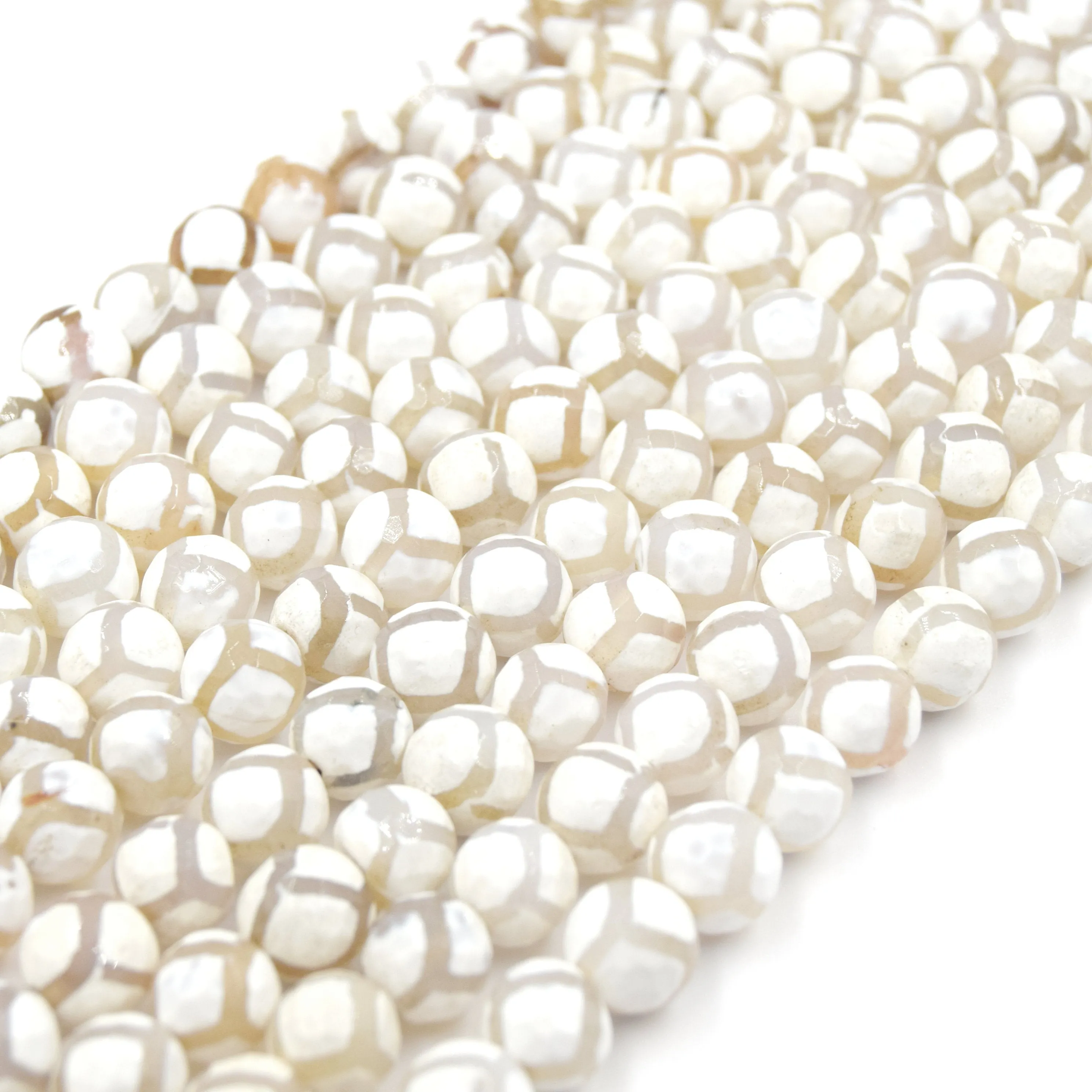 Tibetan Agate Dzi Beads - Dyed White Faceted Honeycomb Round Gemstone Beads in 6mm, 8mm, 10mm, and 12mm Sizes.