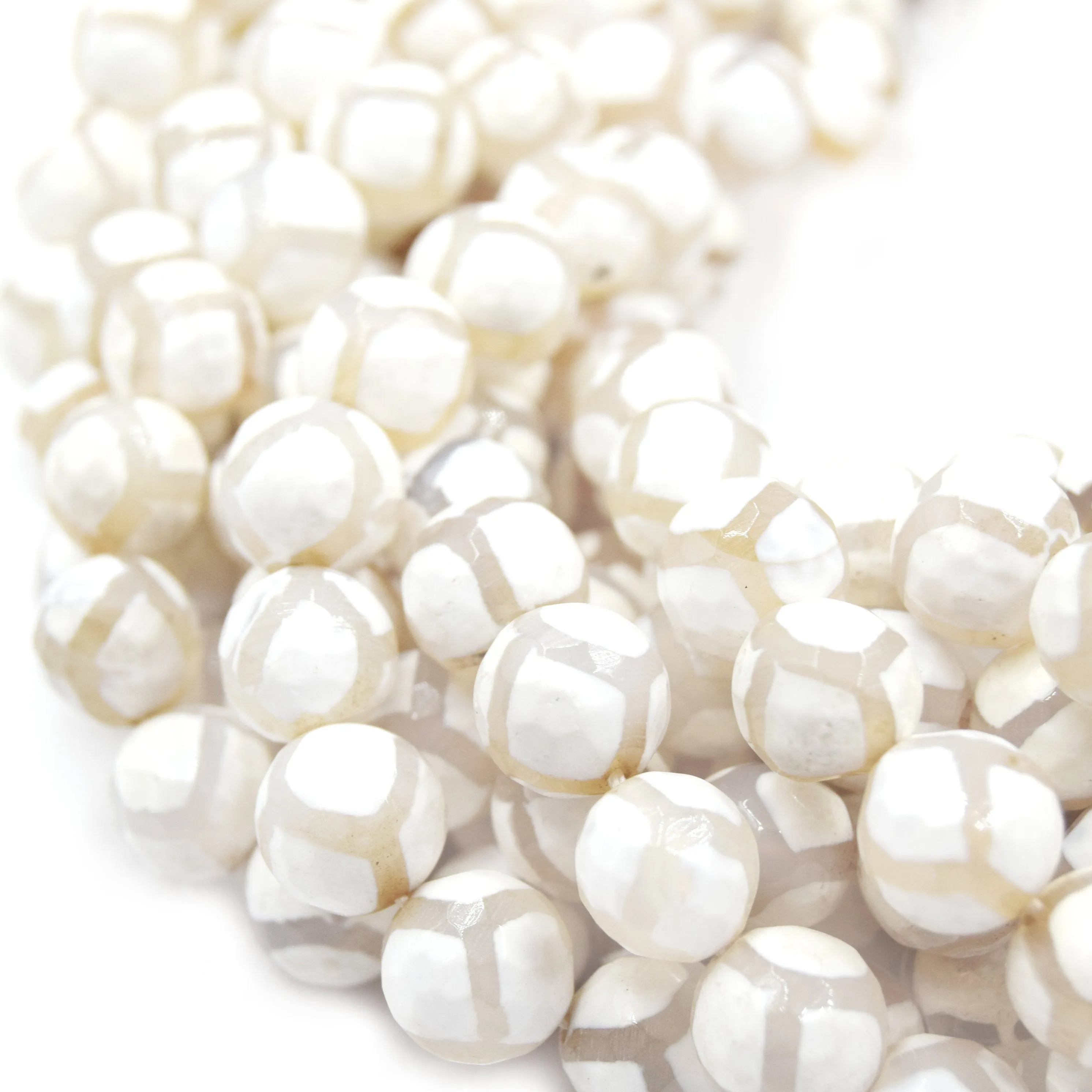 Tibetan Agate Dzi Beads - Dyed White Faceted Honeycomb Round Gemstone Beads in 6mm, 8mm, 10mm, and 12mm Sizes.