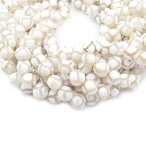 Tibetan Agate Dzi Beads - Dyed White Faceted Honeycomb Round Gemstone Beads in 6mm, 8mm, 10mm, and 12mm Sizes.