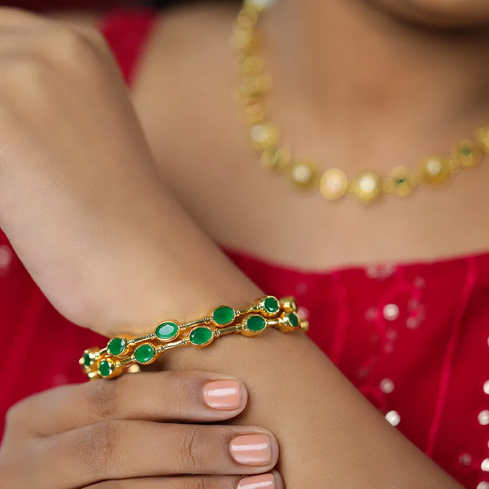 Timeless 925 Gold Plated Green Stone Wrapped Simple Bangles