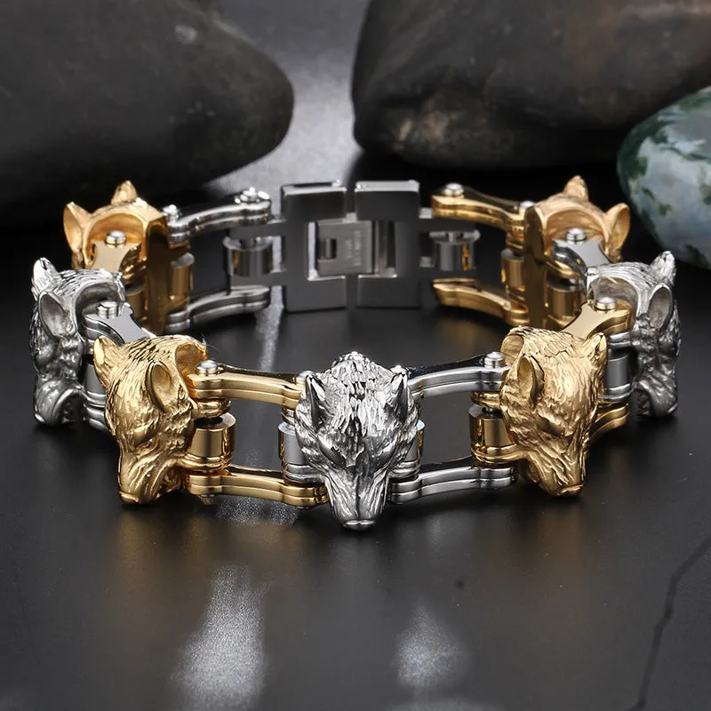 Titanium Steel Wolf Head and Lion Head Bracelets for Men, Exaggerated Bicycle Chain Design in Stainless Steel