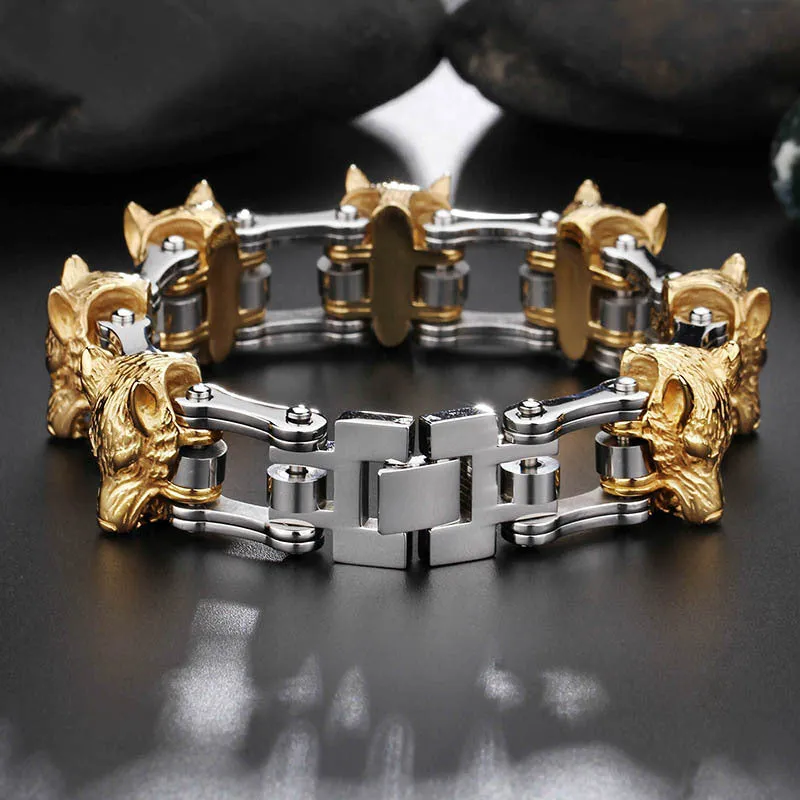 Titanium Steel Wolf Head and Lion Head Bracelets for Men, Exaggerated Bicycle Chain Design in Stainless Steel