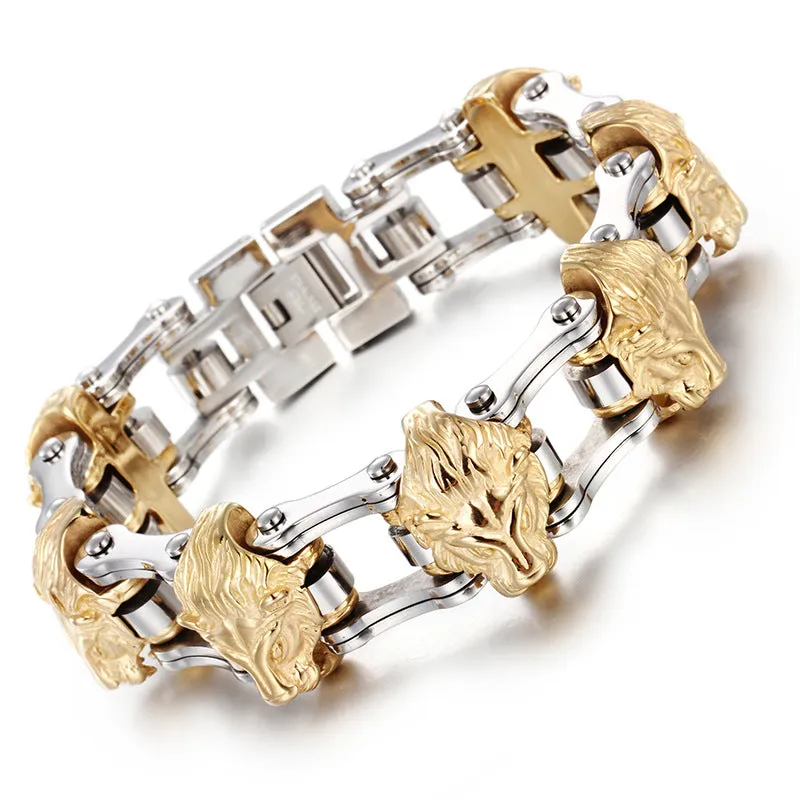 Titanium Steel Wolf Head and Lion Head Bracelets for Men, Exaggerated Bicycle Chain Design in Stainless Steel