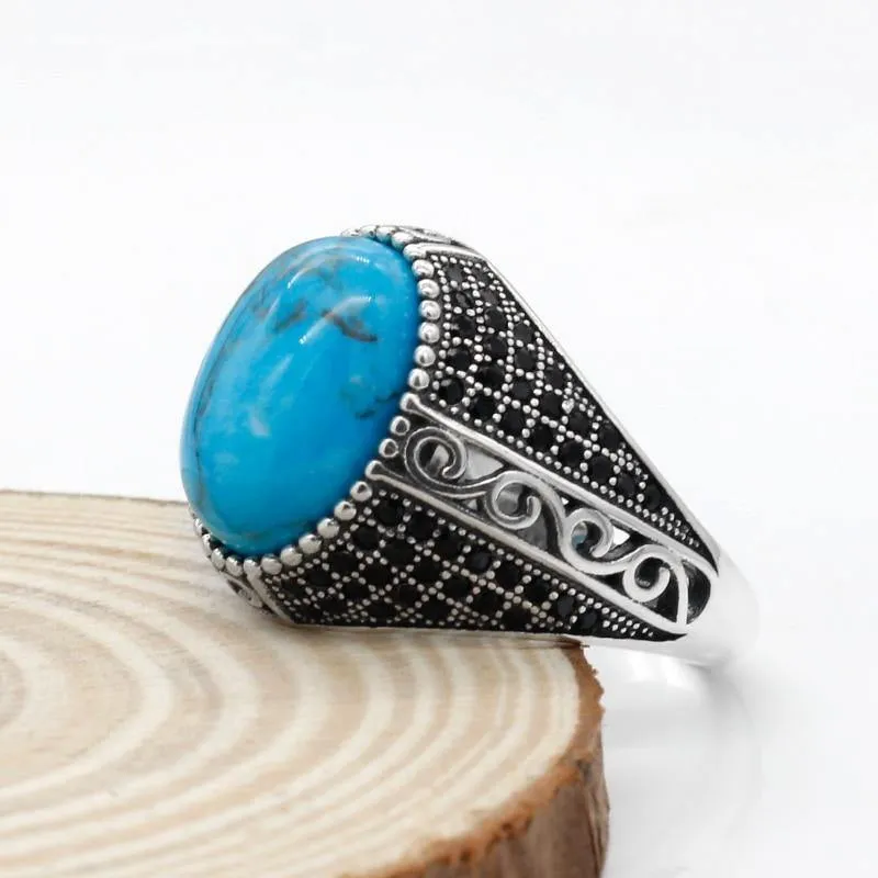 Turquoise Vintage Silver Ring with Black CZ