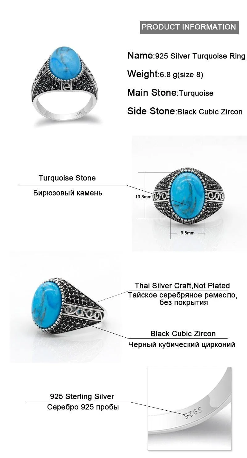 Turquoise Vintage Silver Ring with Black CZ