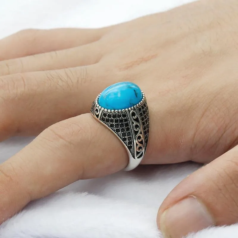 Turquoise Vintage Silver Ring with Black CZ
