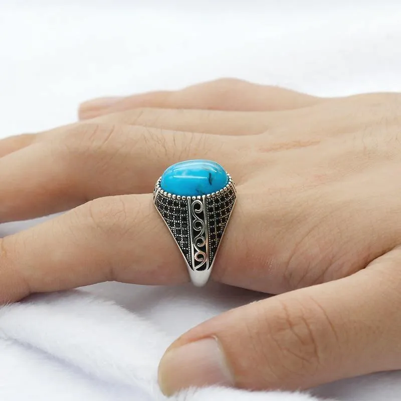 Turquoise Vintage Silver Ring with Black CZ