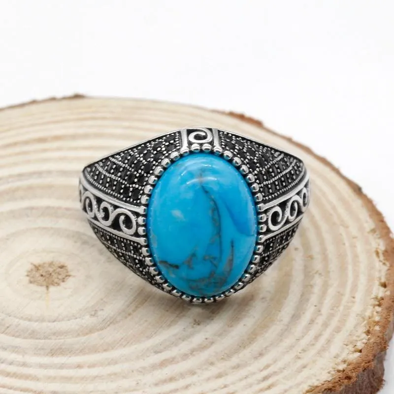 Turquoise Vintage Silver Ring with Black CZ