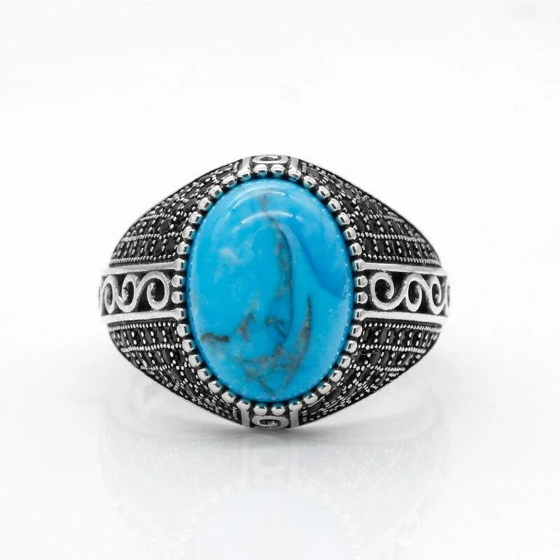 Turquoise Vintage Silver Ring with Black CZ