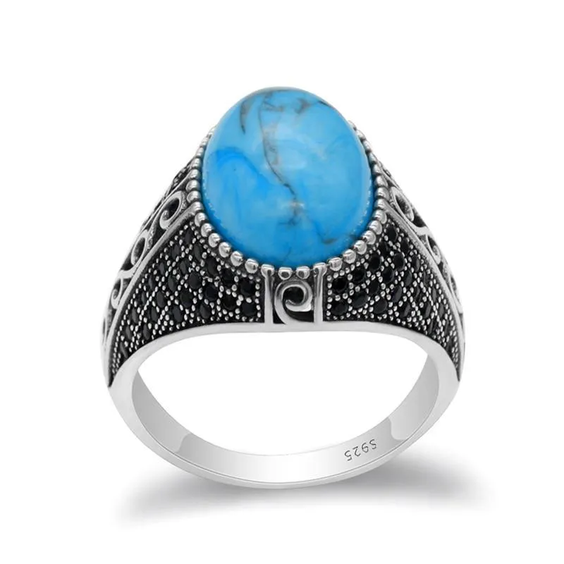 Turquoise Vintage Silver Ring with Black CZ