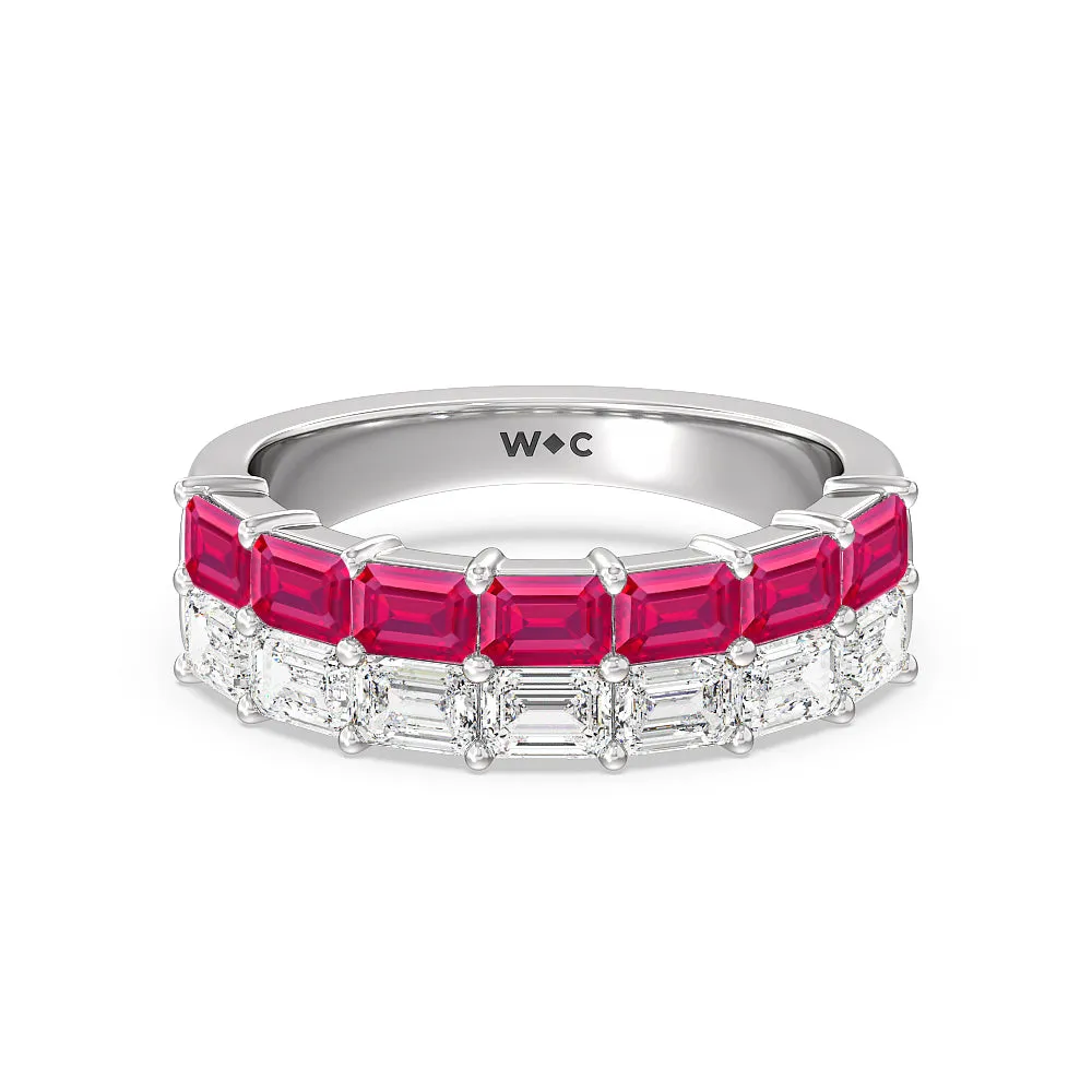 Two Row Linear Created Ruby Emerald Diamond East-West Anniversary Ring