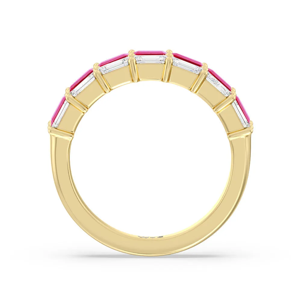 Two Row Linear Created Ruby Emerald Diamond East-West Anniversary Ring
