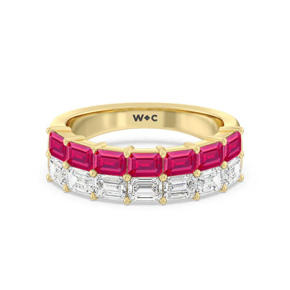 Two Row Linear Created Ruby Emerald Diamond East-West Anniversary Ring