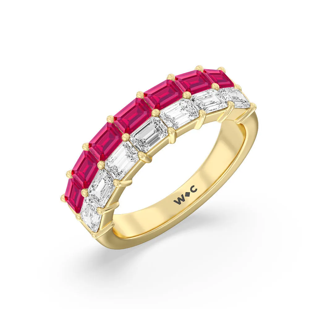Two Row Linear Created Ruby Emerald Diamond East-West Anniversary Ring