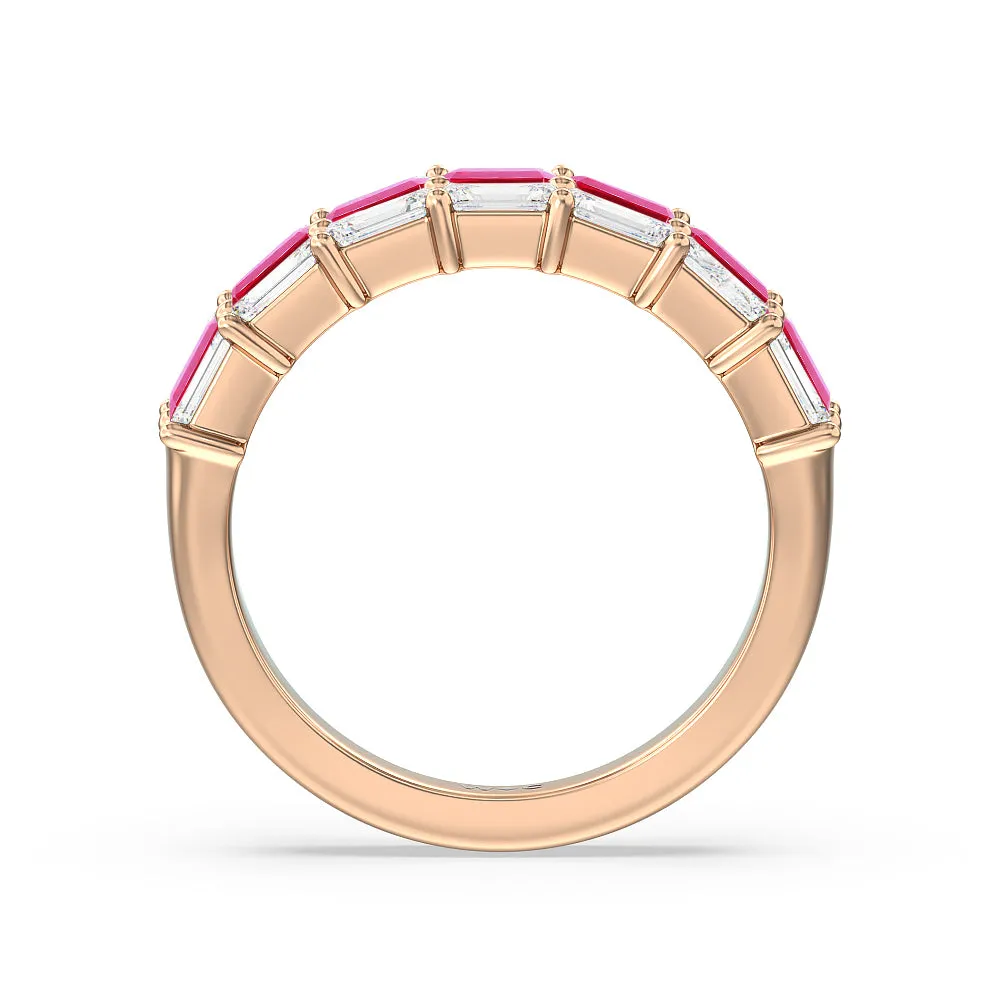 Two Row Linear Created Ruby Emerald Diamond East-West Anniversary Ring