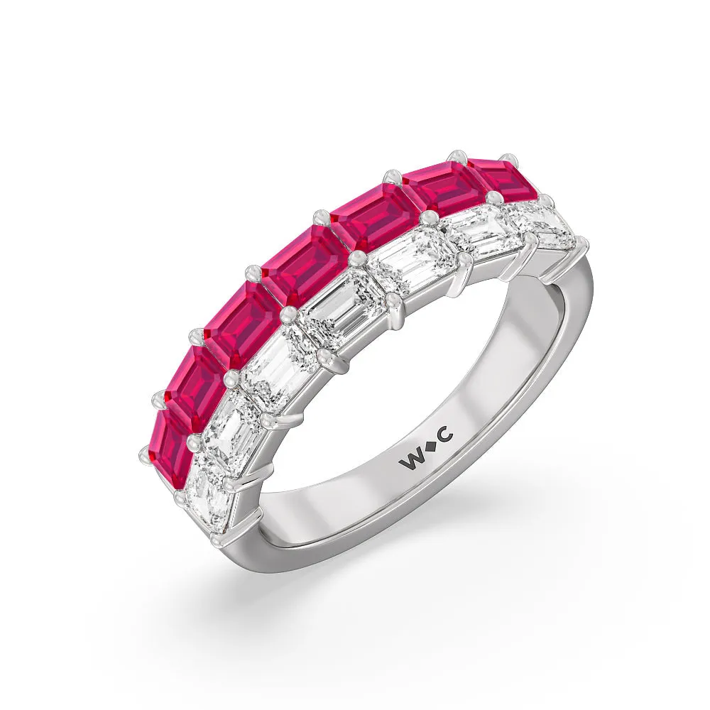 Two Row Linear Created Ruby Emerald Diamond East-West Anniversary Ring