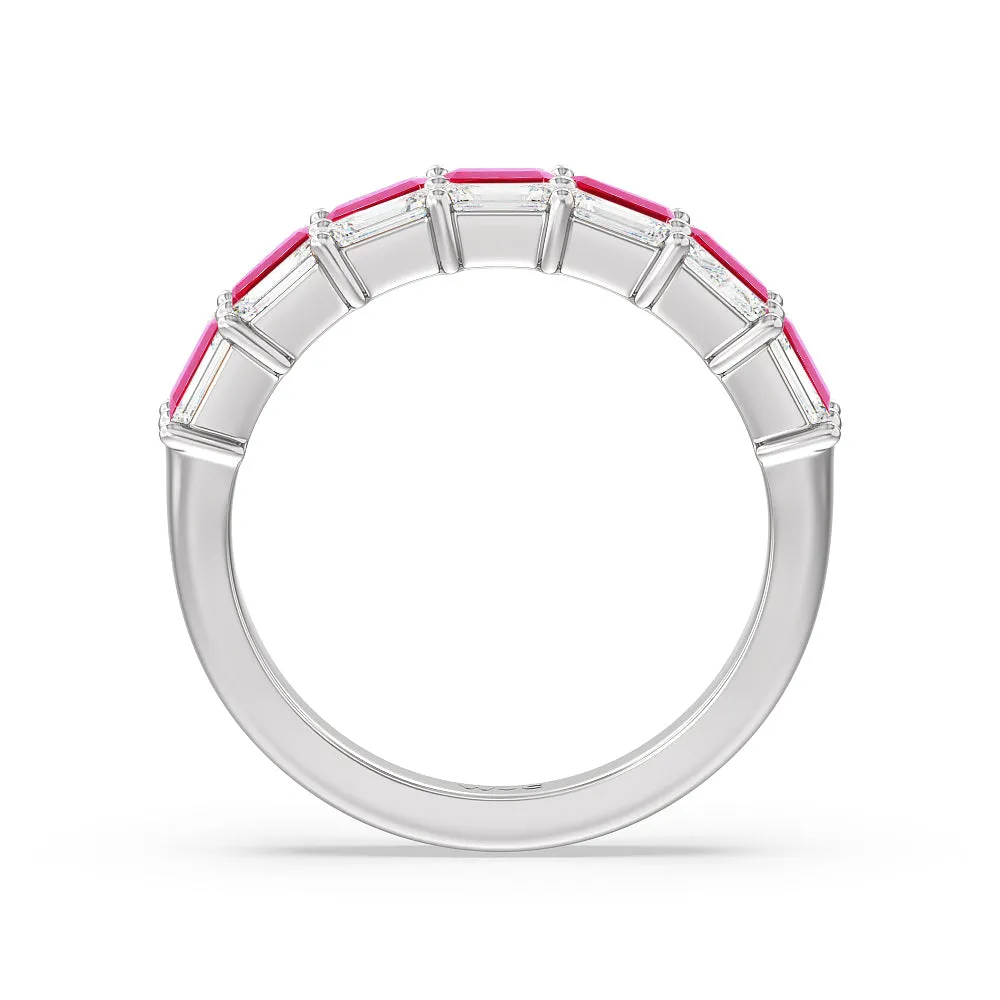 Two Row Linear Created Ruby Emerald Diamond East-West Anniversary Ring
